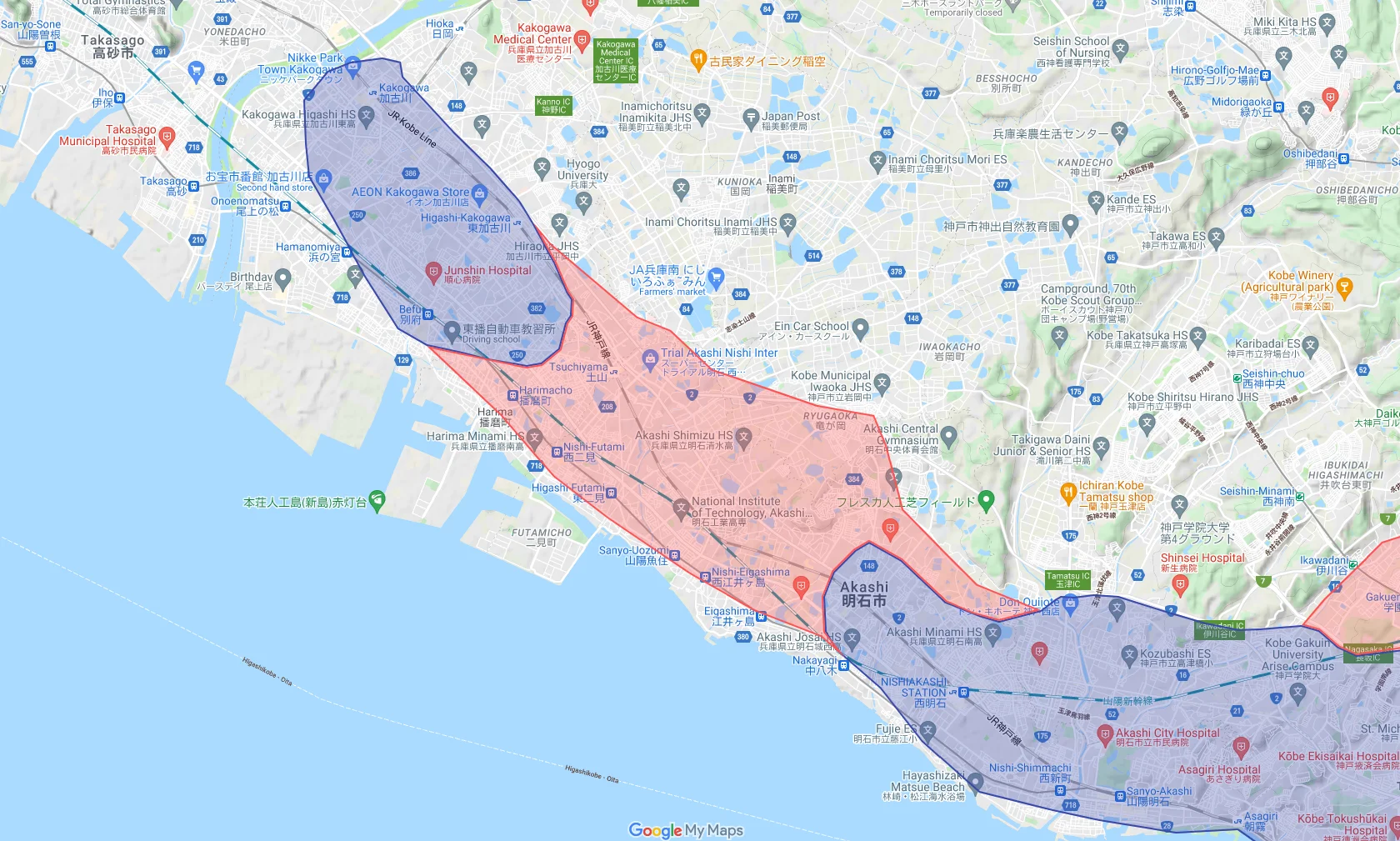 ウーバーイーツakashi,kakogawa,kobe,harimaエリアマップ