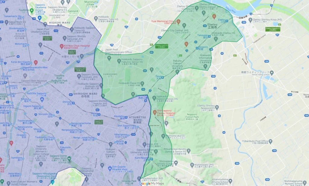 ウーバーイーツebetsu,sapporo,kitahiroshimaエリアマップ