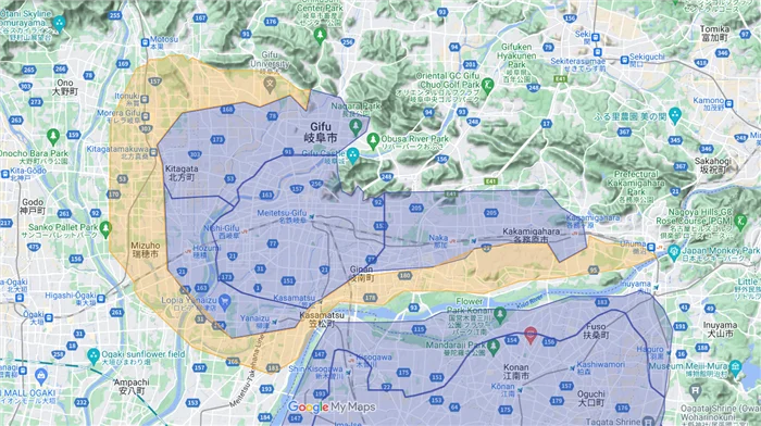 ウーバーイーツgifu,mizuho,kakamigahara,ogaki,motosu,hashima,kasamatsu,ginan,kitagataエリアマップ