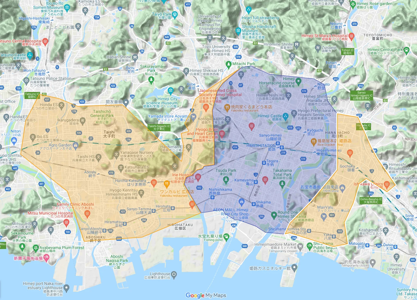 ウーバーイーツhimeji,tatsuno,taishiエリアマップ
