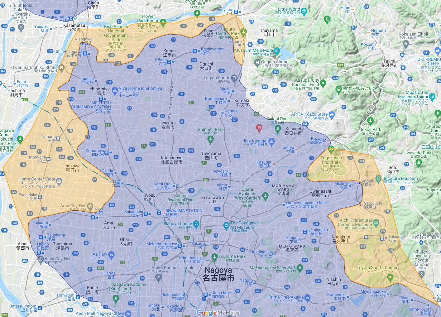 ウーバーイーツinuyama,konan,ichinomiya,inazawa,aisai,tsushima,ama,nagoya,owariasahi,seto,nagakute,nisshin,toyota,miyoshi,fuso,oguchi,kakamigaharaエリアマップ