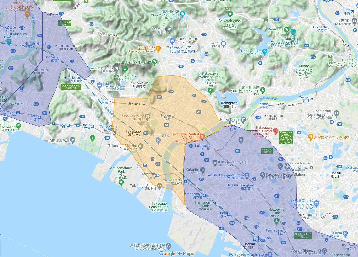 ウーバーイーツkakogawa,takasagoエリアマップ