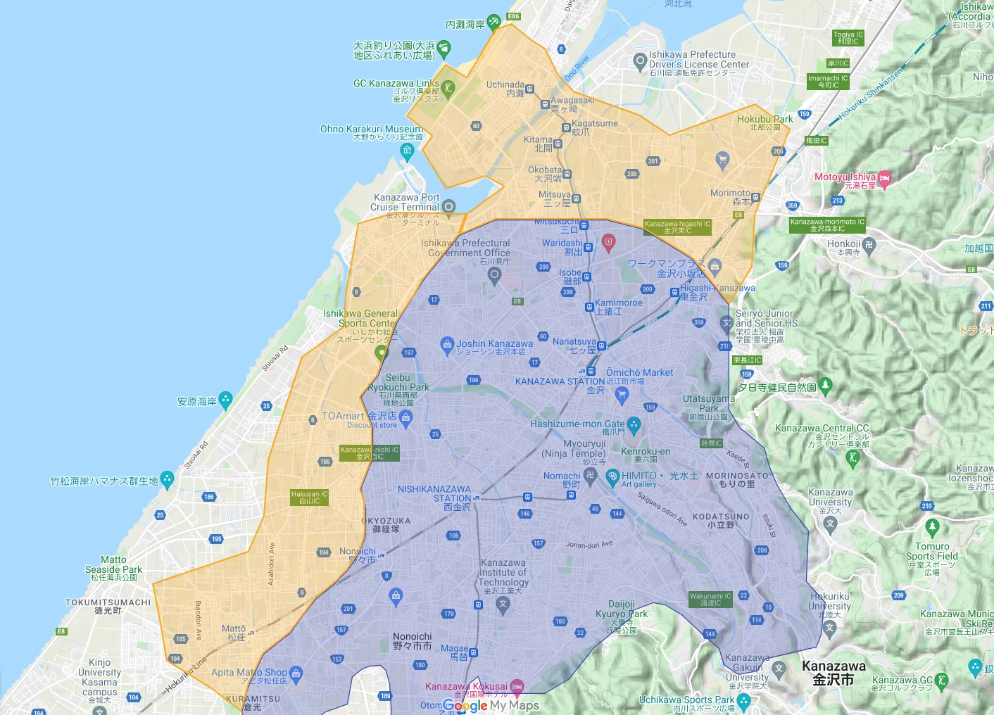 ウーバーイーツkanazawa,hakusan,nonoichi,uchinadaエリアマップ
