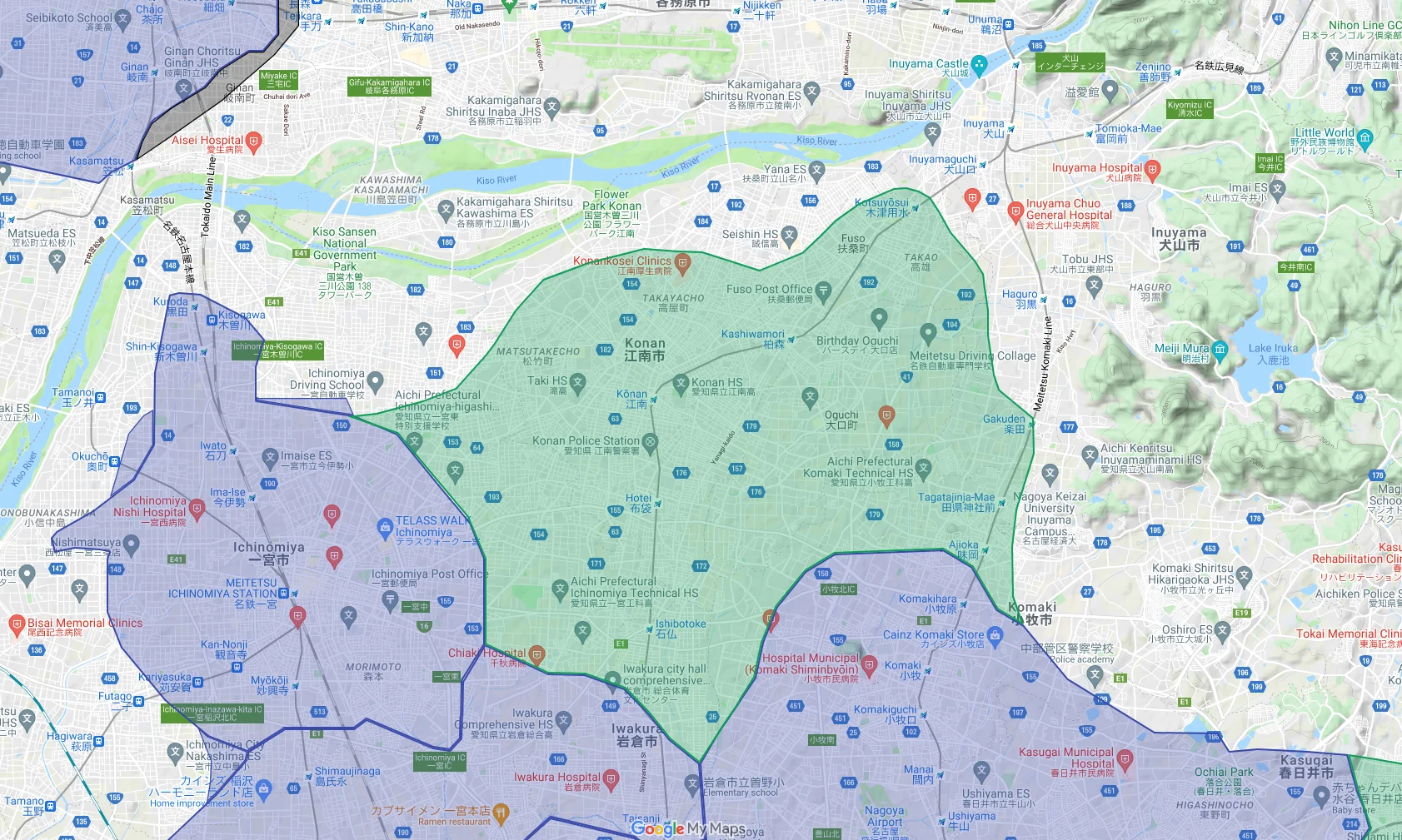 ウーバーイーツkonan,ichinomiya,inuyama,komaki,iwakura,oguchi,fusoエリアマップ