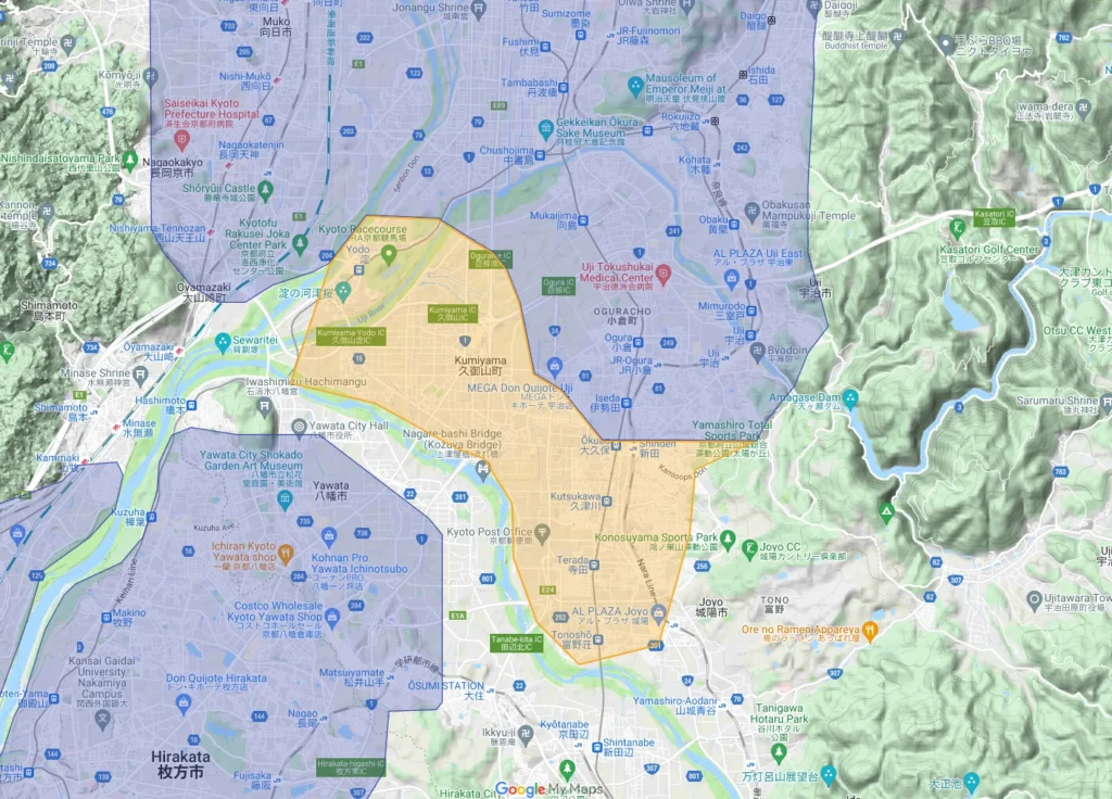 ウーバーイーツkyoto,uji,joyo,yawata,kumiyamaエリアマップ