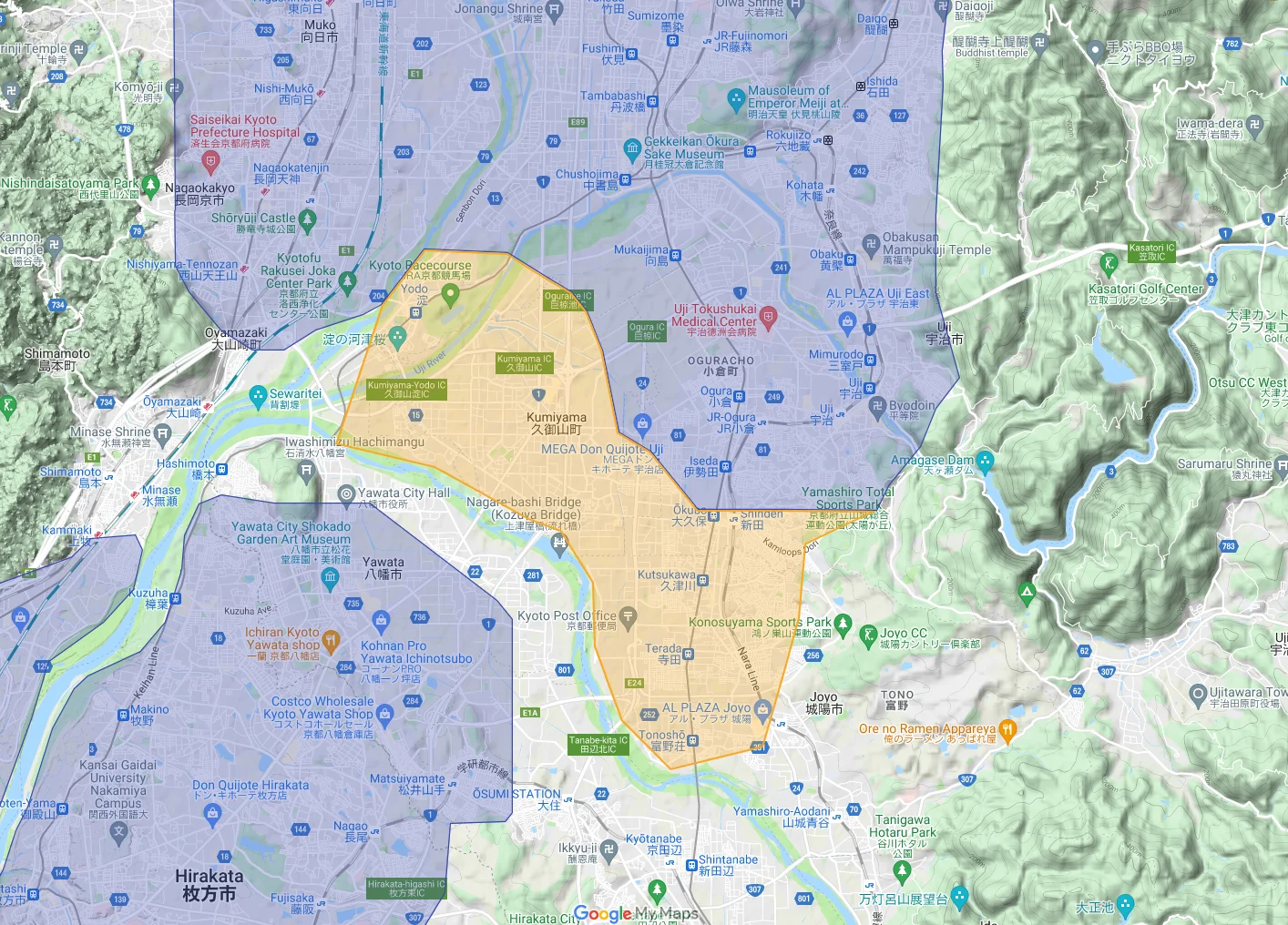 ウーバーイーツkyoto,uji,joyo,yawata,kumiyamaエリアマップ