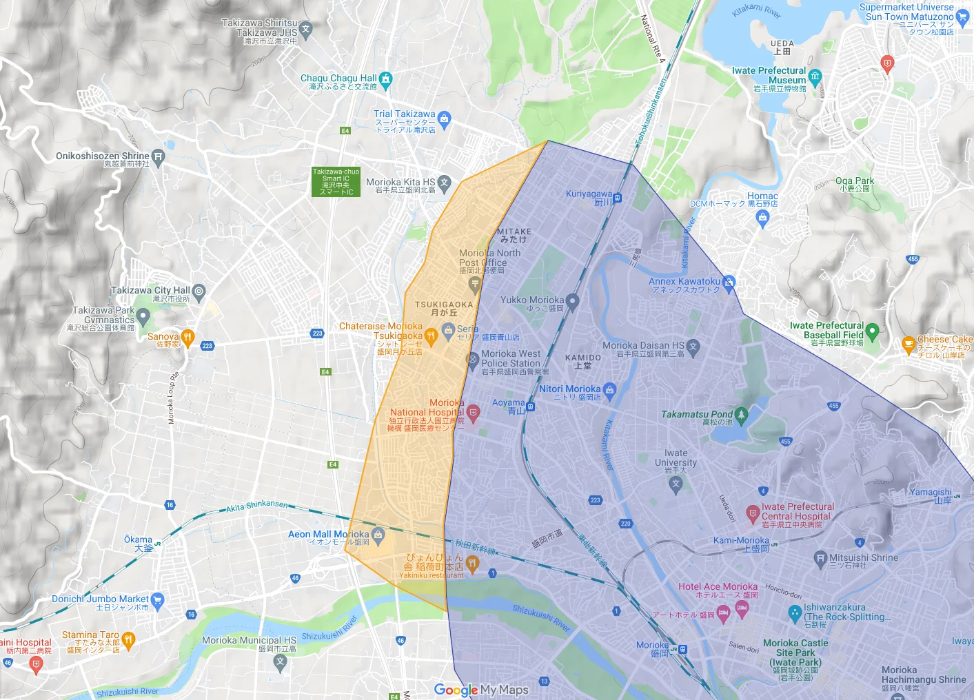 ウーバーイーツmorioka,takizawaエリアマップ