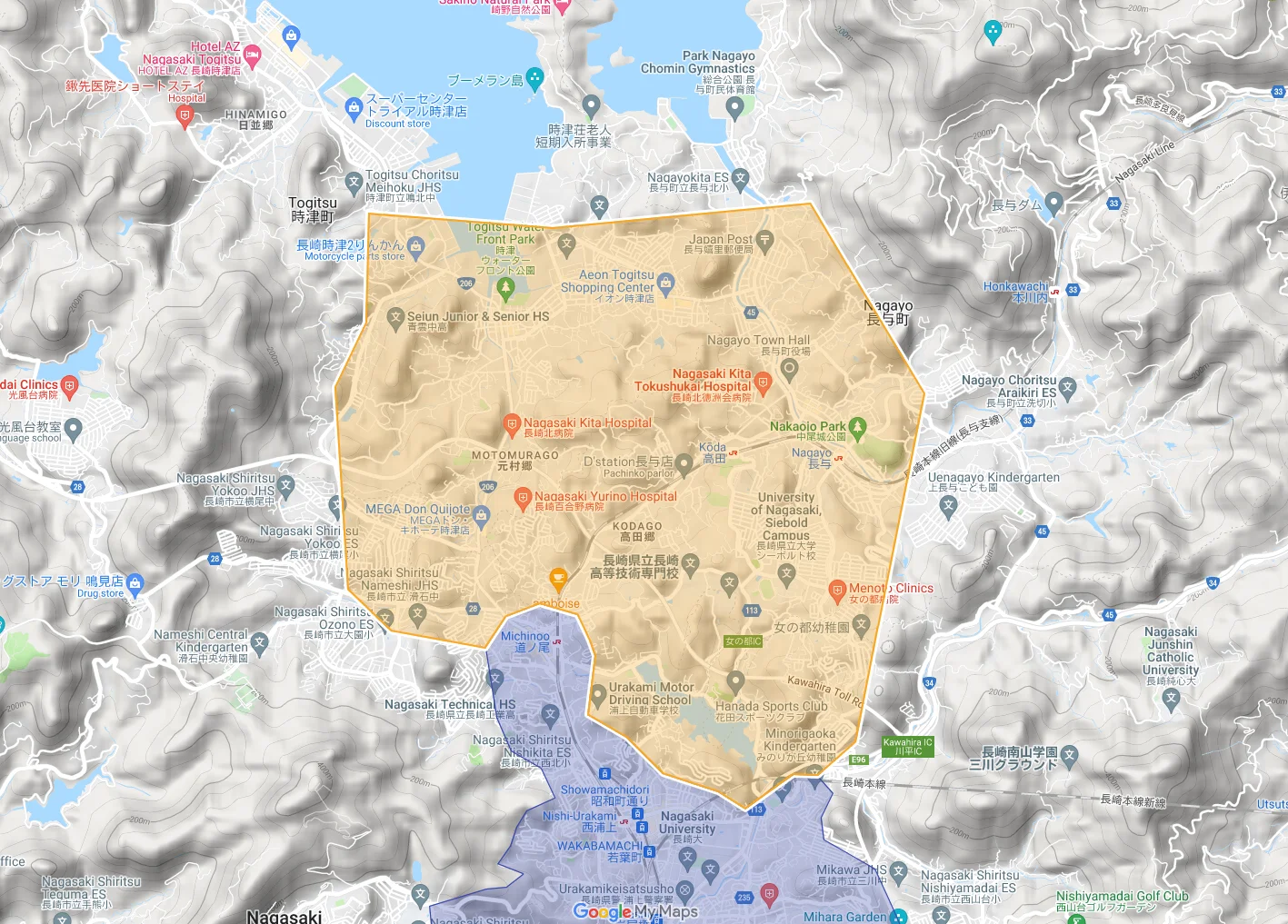ウーバーイーツnagasaki,togitsu,nagayo,aikawaエリアマップ