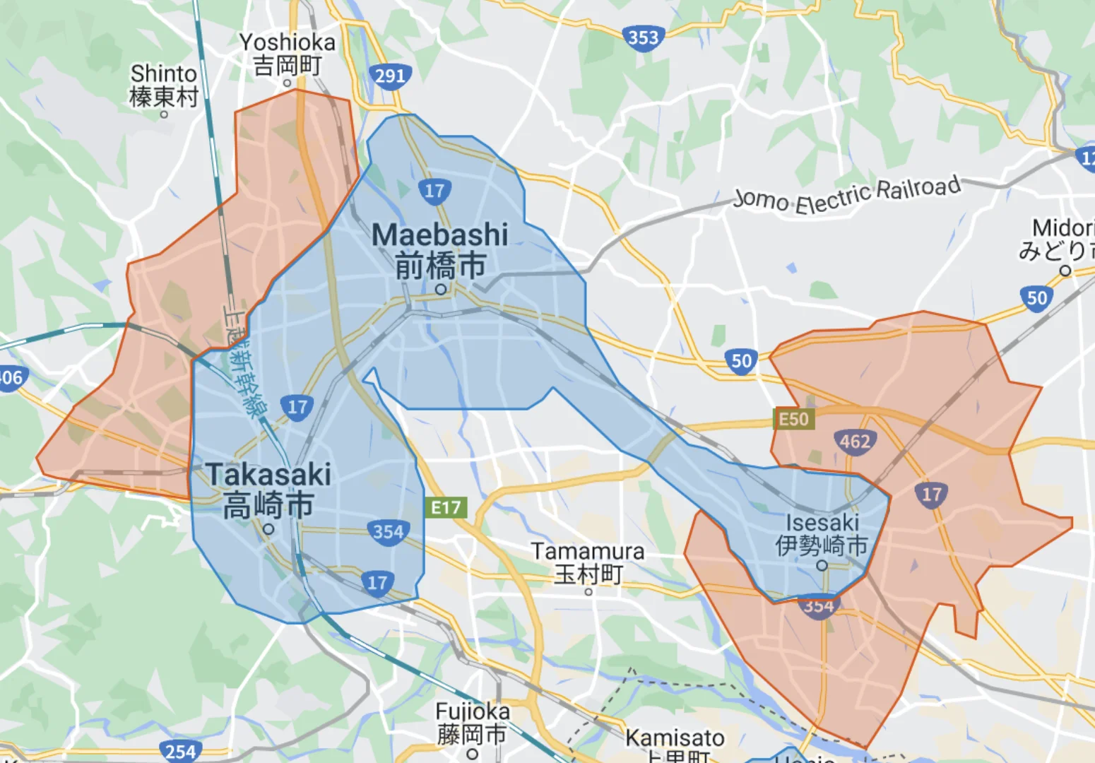 ウーバーイーツtakasaki,isesakiエリアマップ