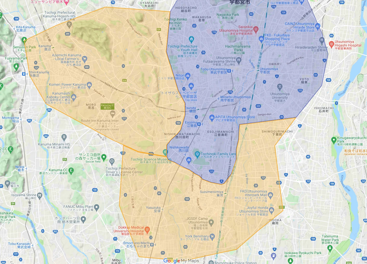 ウーバーイーツutsunomiya,kanuma,shimotsuke,mibu,kaminokawaエリアマップ