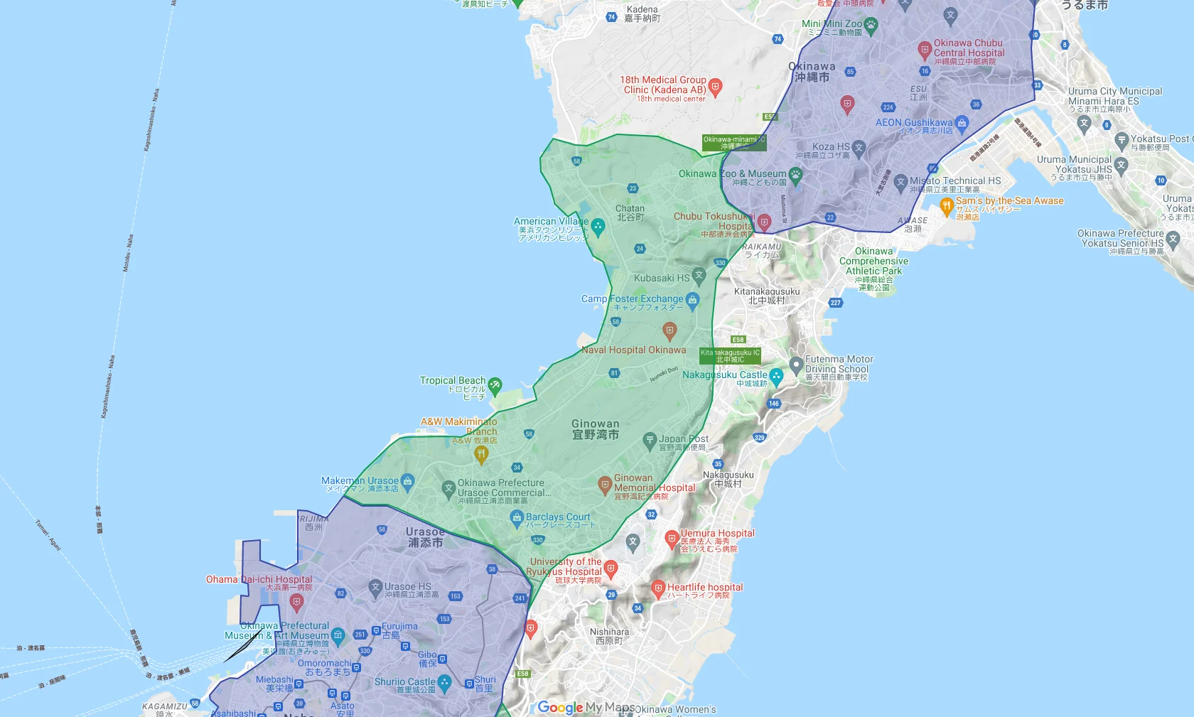ウーバーイーツginowan,chatan,okinawa,urasoe,kitanakagusuku,sonエリアマップ