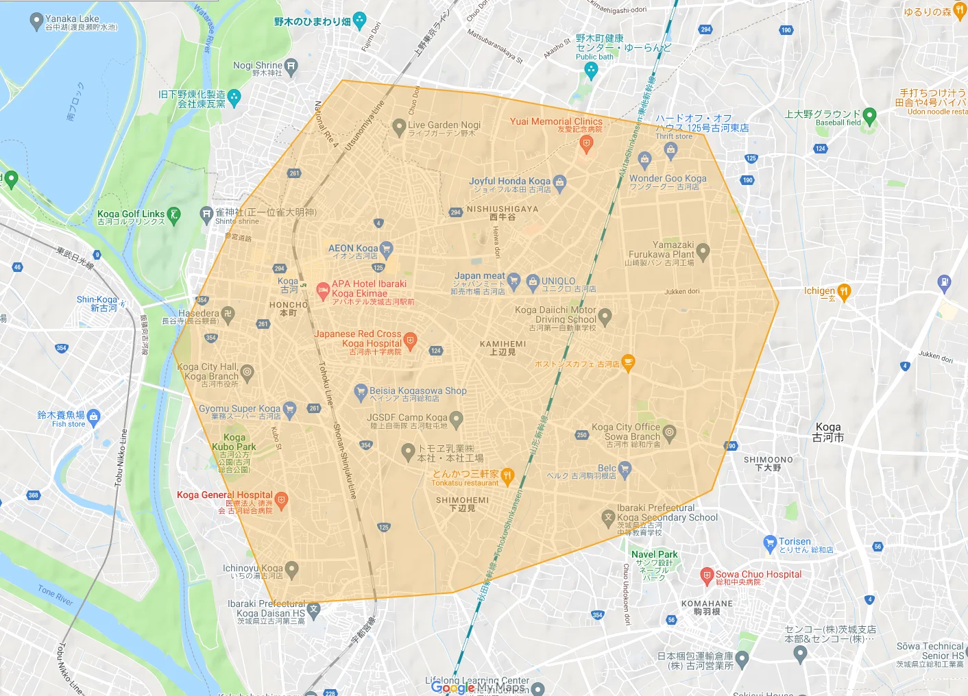 ウーバーイーツkoga,nogiエリアマップ