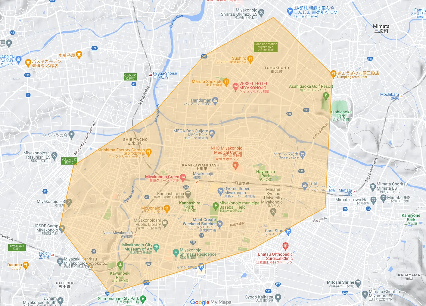ウーバーイーツmiyakonojo,mimataエリアマップ
