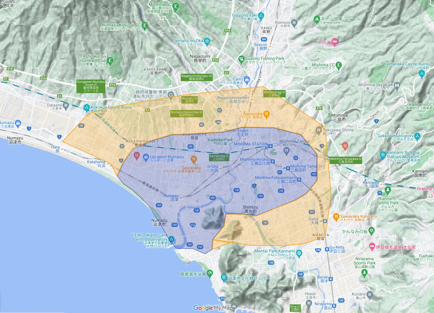 ウーバーイーツnumazu,mishima,susono,shimizu,nagaizumi,kannamiエリアマップ