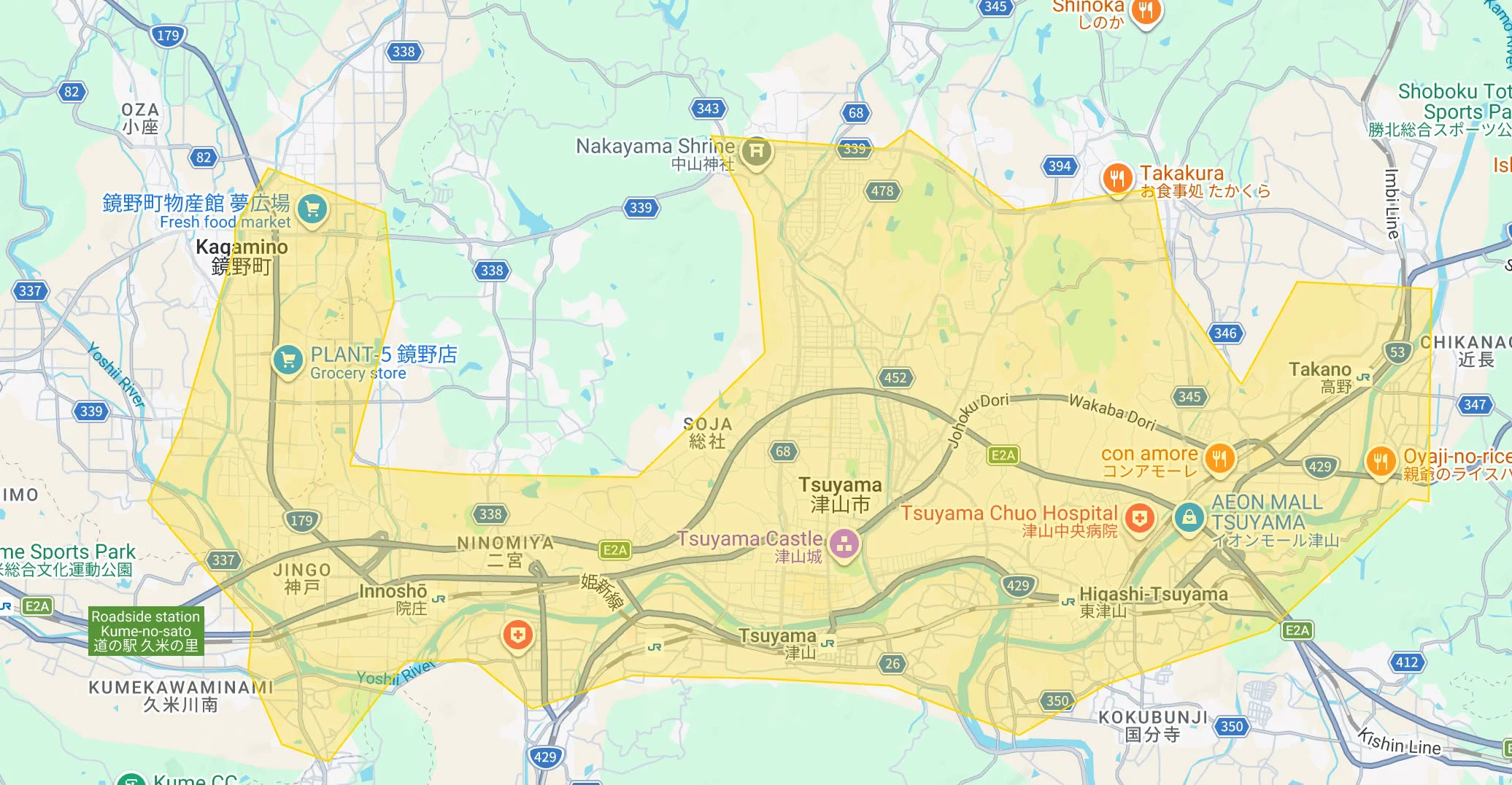 ウーバーイーツtsuyama,kagaminoエリアマップ